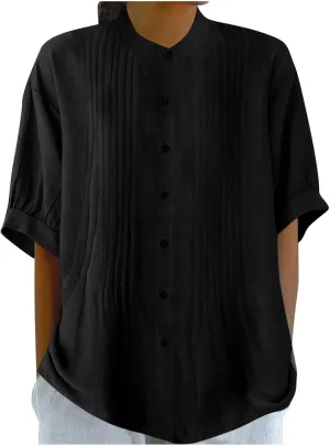 Linen Shirts for Women Casual Half Sleeve High Neck Blouses Casual Cotton Linen Lightweight Summer Boho Tops