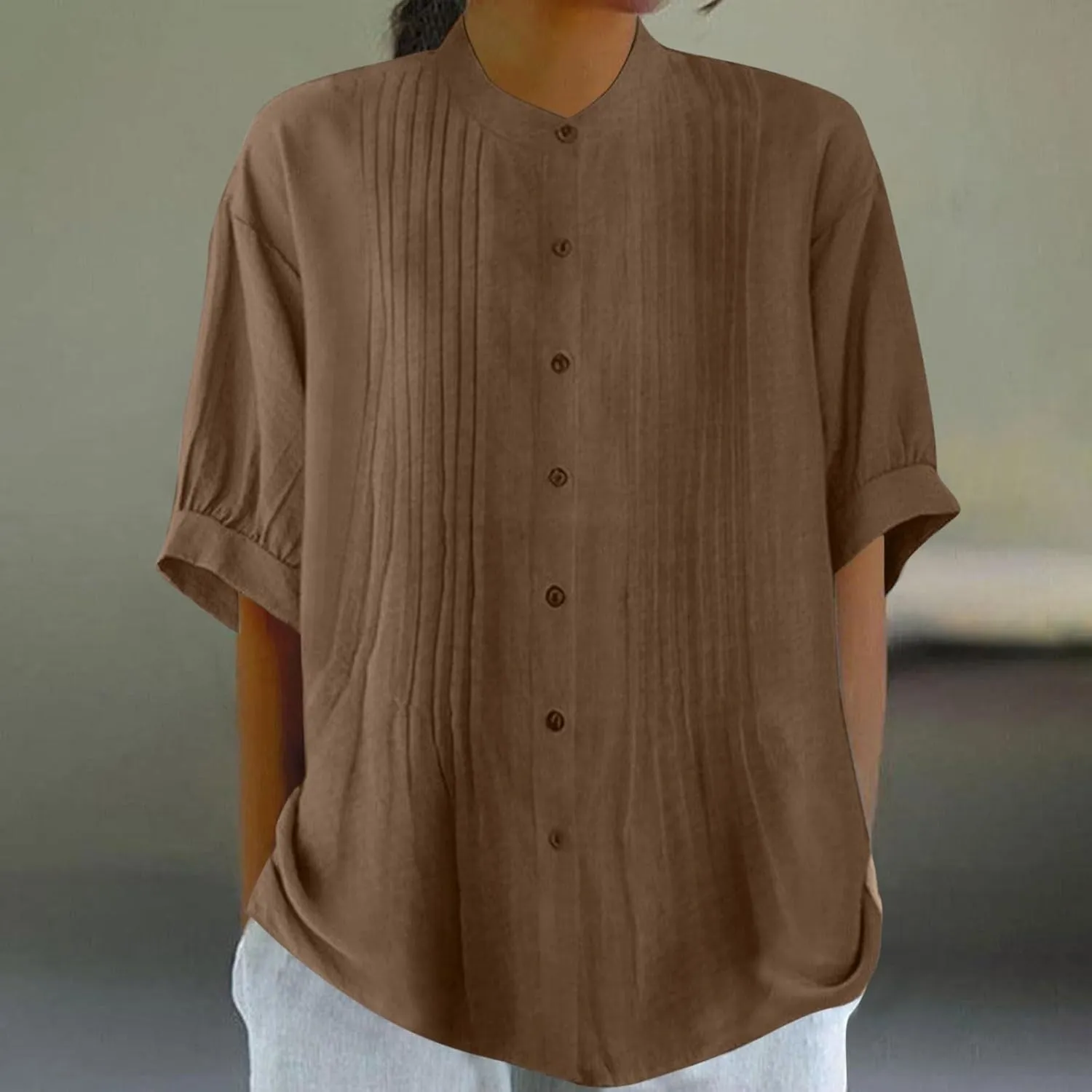 Linen Shirts for Women Casual Half Sleeve High Neck Blouses Casual Cotton Linen Lightweight Summer Boho Tops