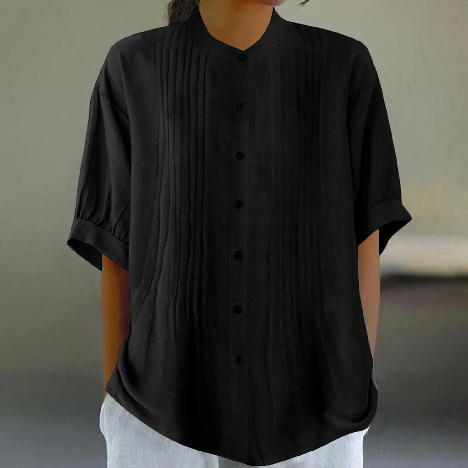 Linen Shirts for Women Casual Half Sleeve High Neck Blouses Casual Cotton Linen Lightweight Summer Boho Tops