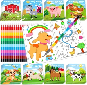 Lionoble 24Pcs Farm Coloring Books for Kids with 24 Stacking Crayons Mini Coloring Book Party Favors Bulk Gifts Cows Horses Barns Small Activity Books for Birthday Party Goodie Bags Stuffer Classroom
