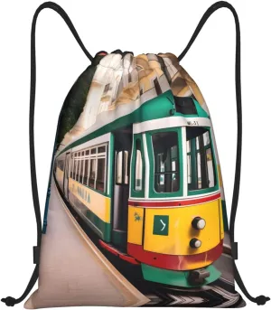 Lisbon Tram Pattern Drawstring Backpack Cinch Bags, Nylon Drawstring Bags For Trip Gym Party