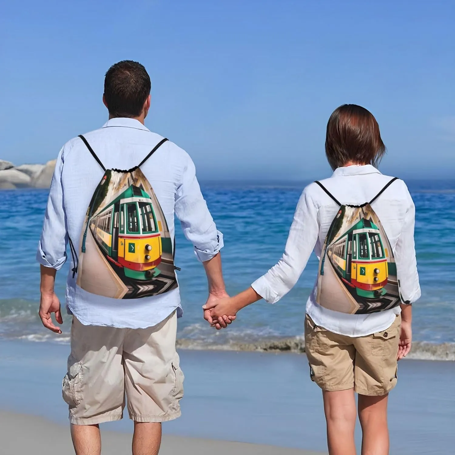 Lisbon Tram Pattern Drawstring Backpack Cinch Bags, Nylon Drawstring Bags For Trip Gym Party