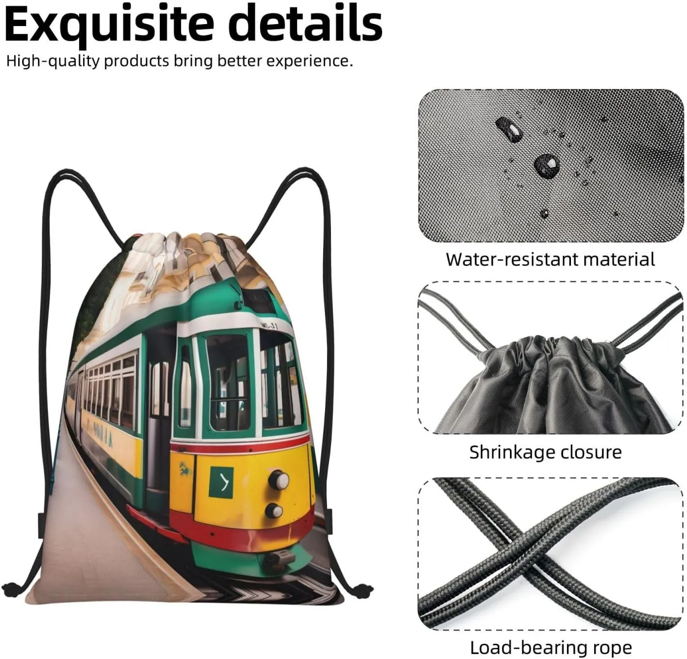 Lisbon Tram Pattern Drawstring Backpack Cinch Bags, Nylon Drawstring Bags For Trip Gym Party
