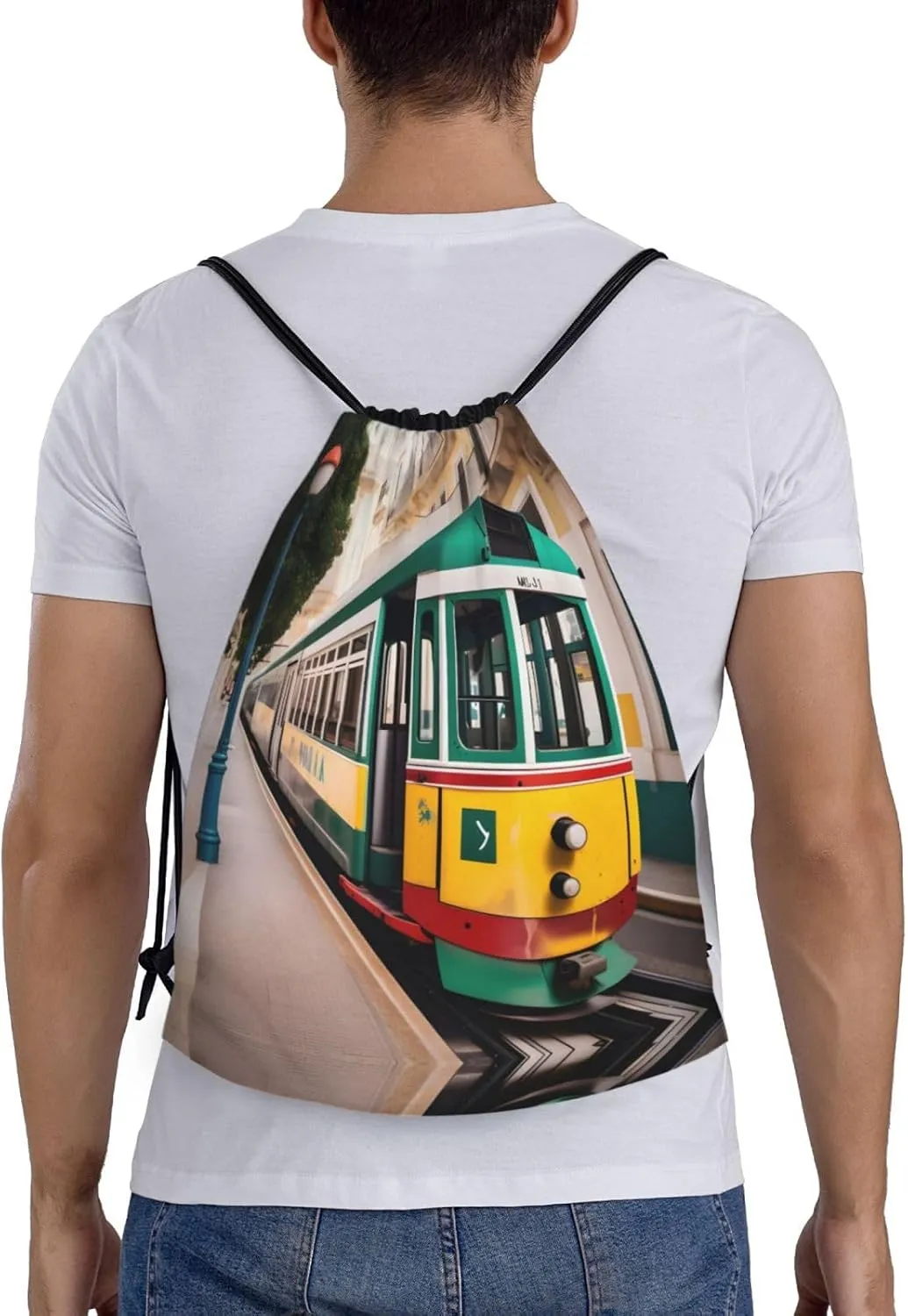 Lisbon Tram Pattern Drawstring Backpack Cinch Bags, Nylon Drawstring Bags For Trip Gym Party
