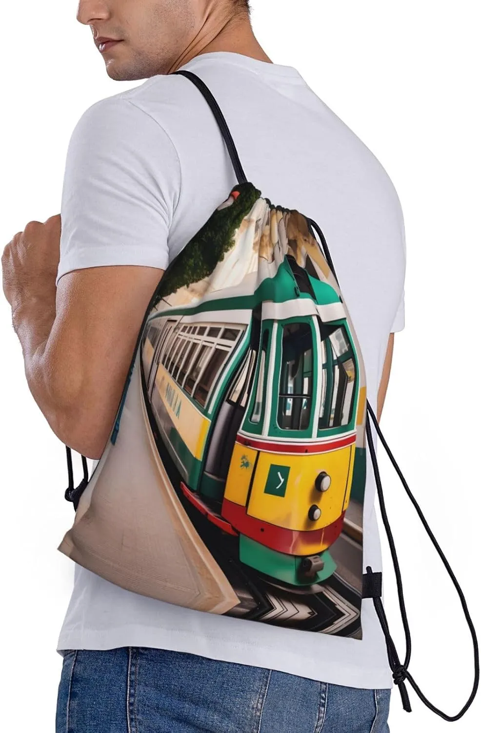Lisbon Tram Pattern Drawstring Backpack Cinch Bags, Nylon Drawstring Bags For Trip Gym Party