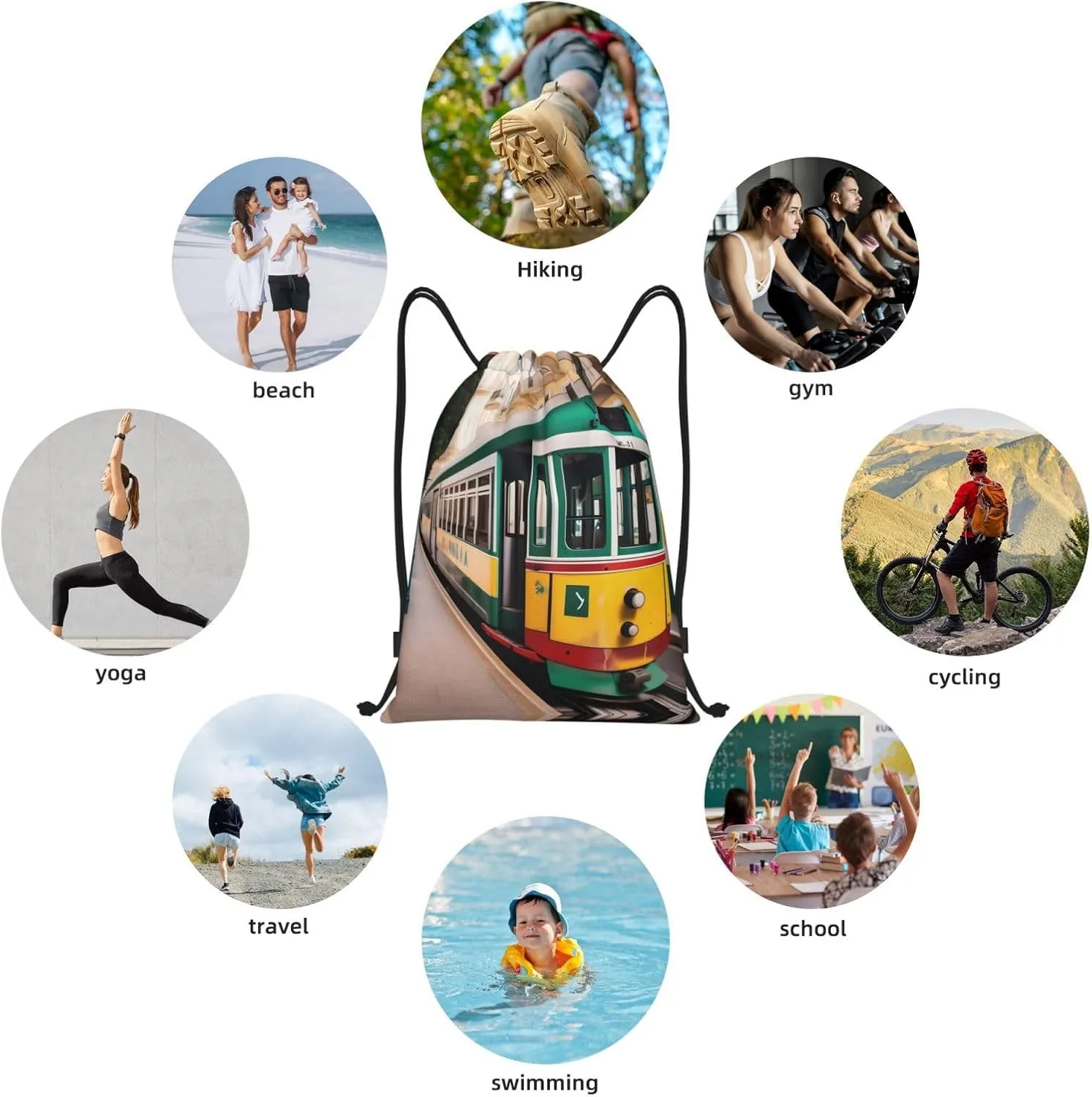 Lisbon Tram Pattern Drawstring Backpack Cinch Bags, Nylon Drawstring Bags For Trip Gym Party