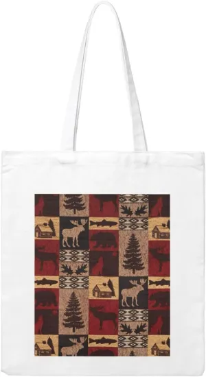 Lodge Bear Deer Fish Print Canvas Tote Bag Reusable Tote Shoulder Bag for Vacation, Shopping, Work, Gym
