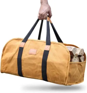 Log Carrier for Firewood, Waxed Canvas Durable Fireplace Wood Holder Tote Bag, 23'' × 10''x 11.3''