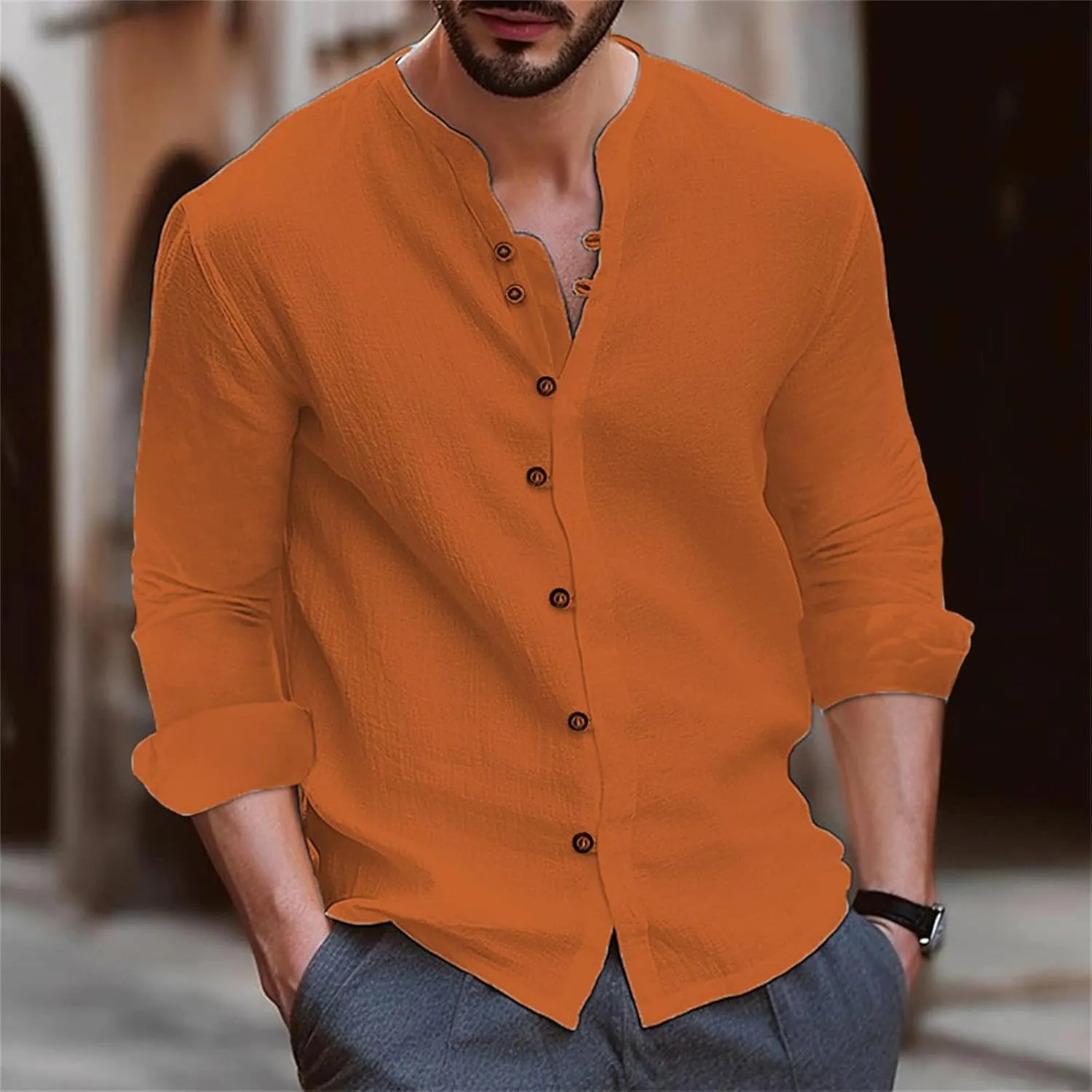Long Sleeve Cotton Linen Shirt for Men Lightweight Breathable Casual Travel Tops Muscle Fit Combat Fashion Button Down Shirts