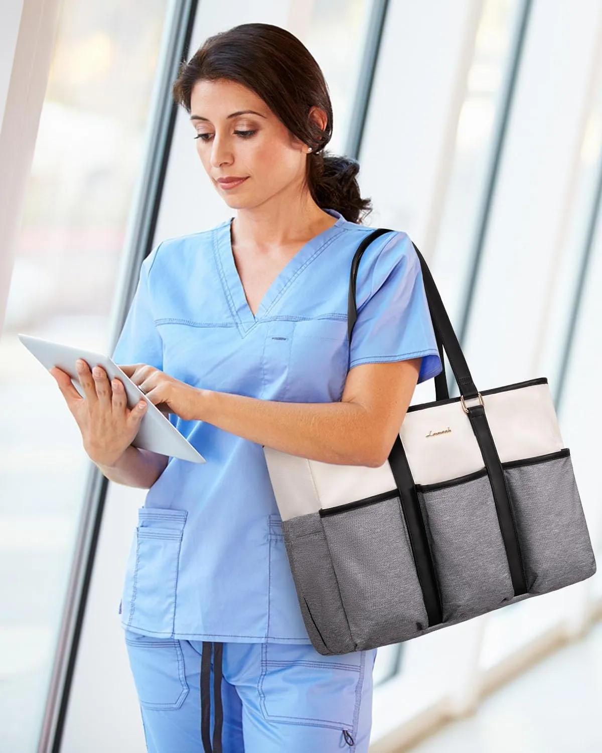 LOVEVOOK Nurse Work Tote Bag for Women With Large Cup Holder, Teacher Tote Laptop Bag for Women, Utility Bag For Work/Travel/College/Daily, Professional Computer Bag Purse Handbag, 15.6 Inch
