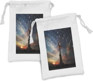Lunarable 4th of July Fabric Pouch Set of 2, Silhouette Liberty on USA Flag Cityscape with Dramatic Sunset Sky, Small Drawstring Bag for Toiletries Masks and Favors, 9" x 6", Multicolor