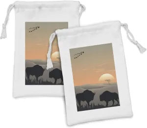 Lunarable Bison Fabric Pouch Set of 2, Dramatic Evening Landscape of Nature with Wild Animals Before Horizon Scenery, Small Drawstring Bag for Toiletries Masks and Favors, 9" x 6", Black Taupe Peach