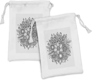 Lunarable Floral Fabric Pouch Set of 2, Doodle Style Fantasy Flower Bouquet Fragrance Romantic Botany Blossoms Pattern, Small Drawstring Bag for Toiletries Masks and Favors, 9" x 6", Black White