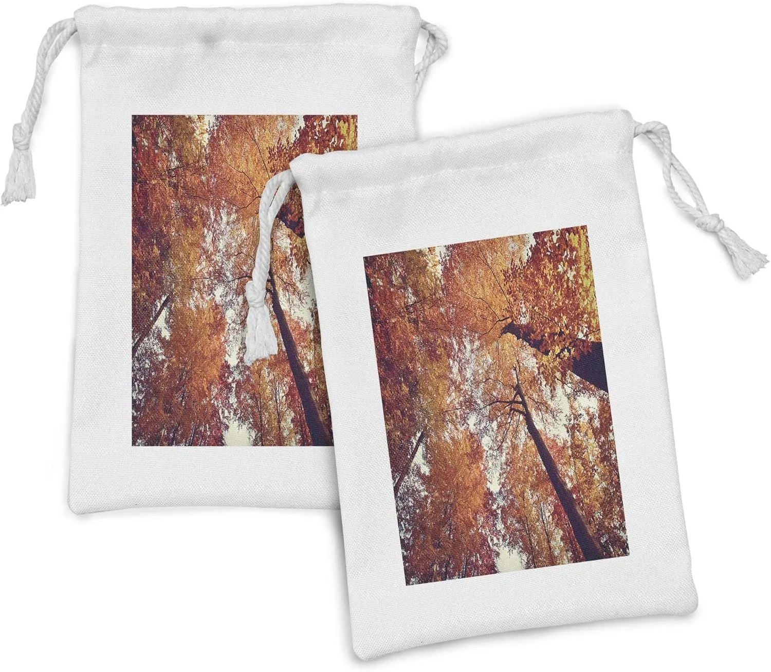 Lunarable Forest Fabric Pouch Set of 2, Forest with Deciduous Trees Shedding Leaf Shady Toned Flora Scenery Photo Art, Small Drawstring Bag for Toiletries Masks and Favors, 9" x 6", Orange