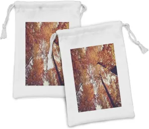 Lunarable Forest Fabric Pouch Set of 2, Forest with Deciduous Trees Shedding Leaf Shady Toned Flora Scenery Photo Art, Small Drawstring Bag for Toiletries Masks and Favors, 9" x 6", Orange