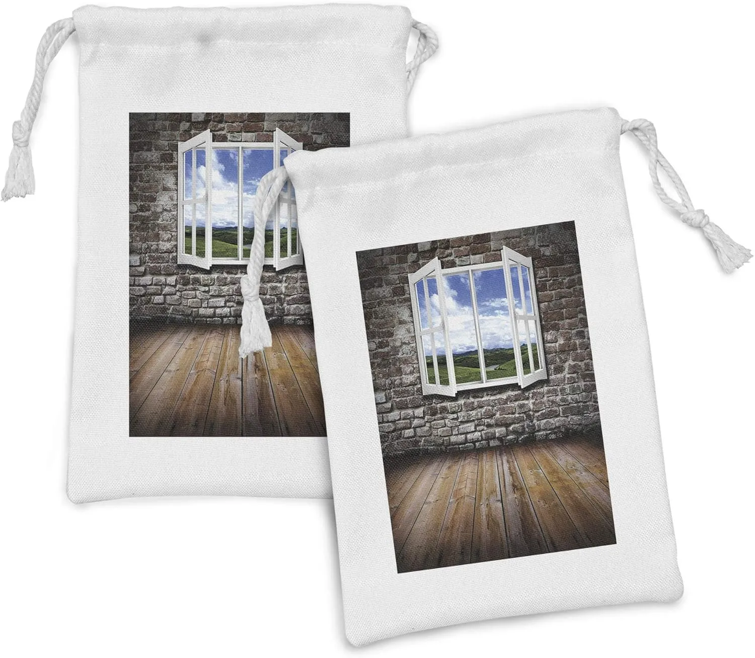 Lunarable Grunge Fabric Pouch Set of 2, Open Window in Old Grunge Room Spring Meadow Brick Wall Hardwood Floor, Small Drawstring Bag for Toiletries Masks and Favors, 9" x 6", Brown Umber White