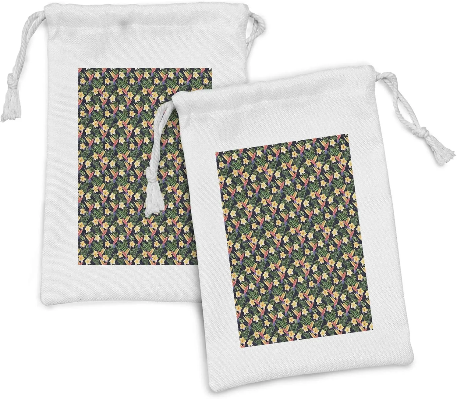 Lunarable Hibiscus Fabric Pouch Set of 2, Interpretation of Colorful Botanical Scene with Hummingbirds, Small Drawstring Bag for Toiletries Masks and Favors, 9" x 6", Multicolor