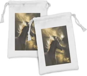 Lunarable Horse Fabric Pouch Set of 2, Chestnut Horse Profile on Dramatic Cloudy Sunset Sky Strong Wild Young Mammal, Small Drawstring Bag for Toiletries Masks and Favors, 9" x 6", Brown and Yellow