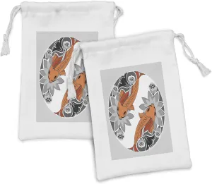 Lunarable Koi Fish Fabric Pouch Set of 2, Beings of Times Ying Yang Form Flower Beds Balance Nature, Small Drawstring Bag for Toiletries Masks and Favors, 9" x 6", Dark Orange Grey