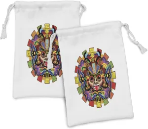 Lunarable Mesoamerican Fabric Pouch Set of 2, Colorful Aztec Warrior Symbolic Tattoo Devotion Manuscript Scary Wonders, Small Drawstring Bag for Toiletries Masks and Favors, 9" x 6", Multicolor