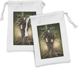 Lunarable Mystic Fabric Pouch Set of 2, Fantasy Tree House in the Mysterious Forest Windows and Smoke Chimney Image, Small Drawstring Bag for Toiletries Masks and Favors, 9" x 6", Dark Taupe Green