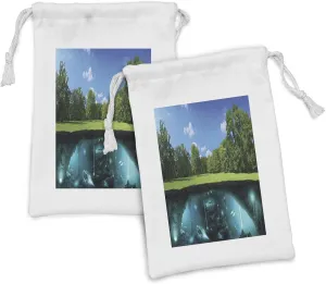 Lunarable Outer Space Fabric Pouch Set of 2, Earth Invasion Surface Fantasy Science Fiction Scenery in National Park, Small Drawstring Bag for Toiletries Masks and Favors, 9" x 6", Green and Blue