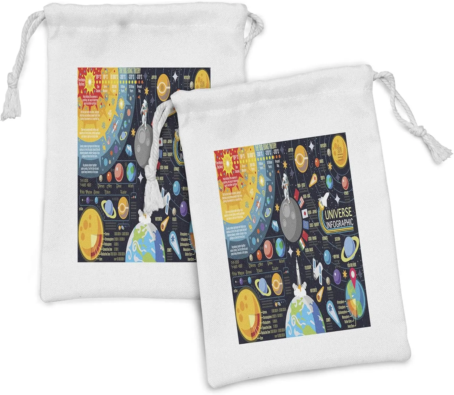 Lunarable Outer Space Fabric Pouch Set of 2, New Horizons of Solar System Infographic Pluto Venus Mars Jupiter Skyrocket, Small Drawstring Bag for Toiletries Masks and Favors, 9" x 6", Multicolor