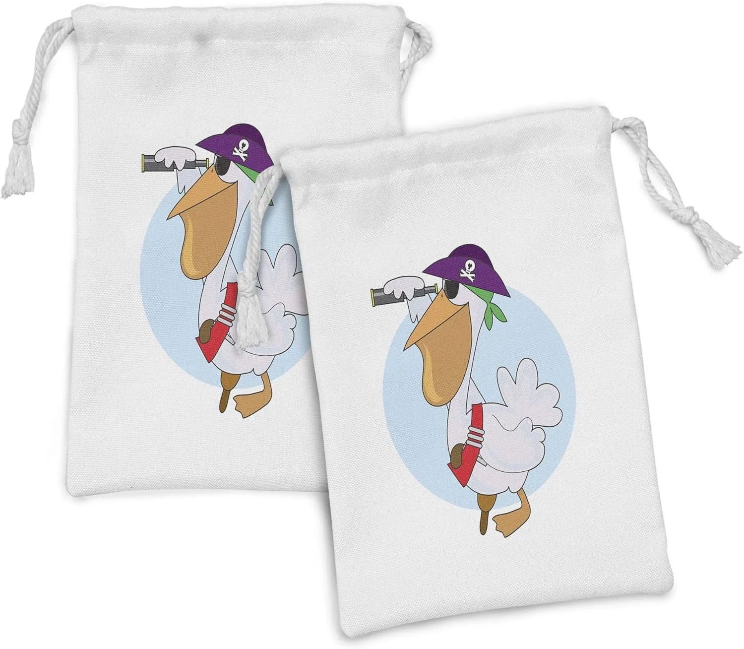Lunarable Pelican Fabric Pouch Set of 2, Cartoon Illustration of a Pirate Pelican with Peg Leg Looking Through a Telescope, Small Drawstring Bag for Toiletries Masks and Favors, 9" x 6", Multicolor