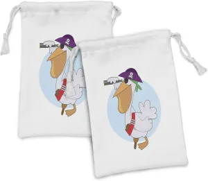 Lunarable Pelican Fabric Pouch Set of 2, Cartoon Illustration of a Pirate Pelican with Peg Leg Looking Through a Telescope, Small Drawstring Bag for Toiletries Masks and Favors, 9" x 6", Multicolor