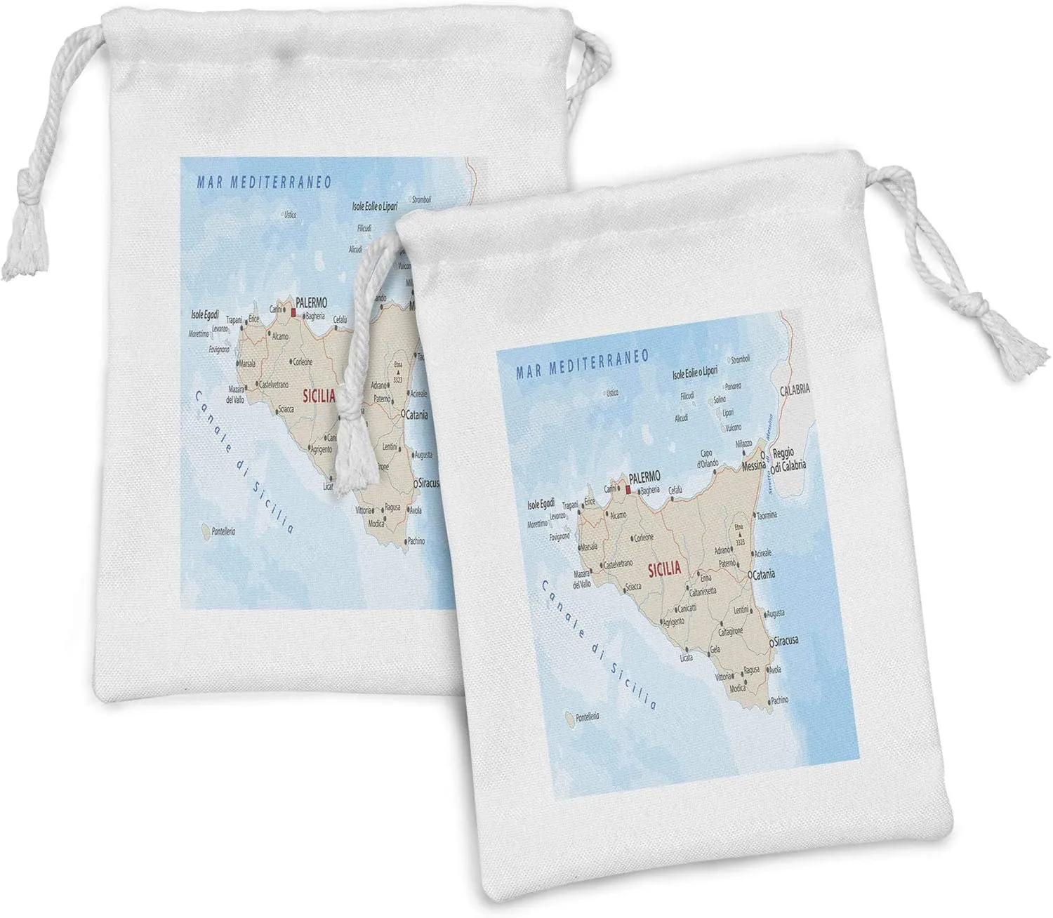 Lunarable Sicily Fabric Pouch Set of 2, Geographic Map of Mediterranean Island Showing Local Settlements and Roads, Small Drawstring Bag for Toiletries Masks and Favors, 9" x 6", Pale Blue Eggshell