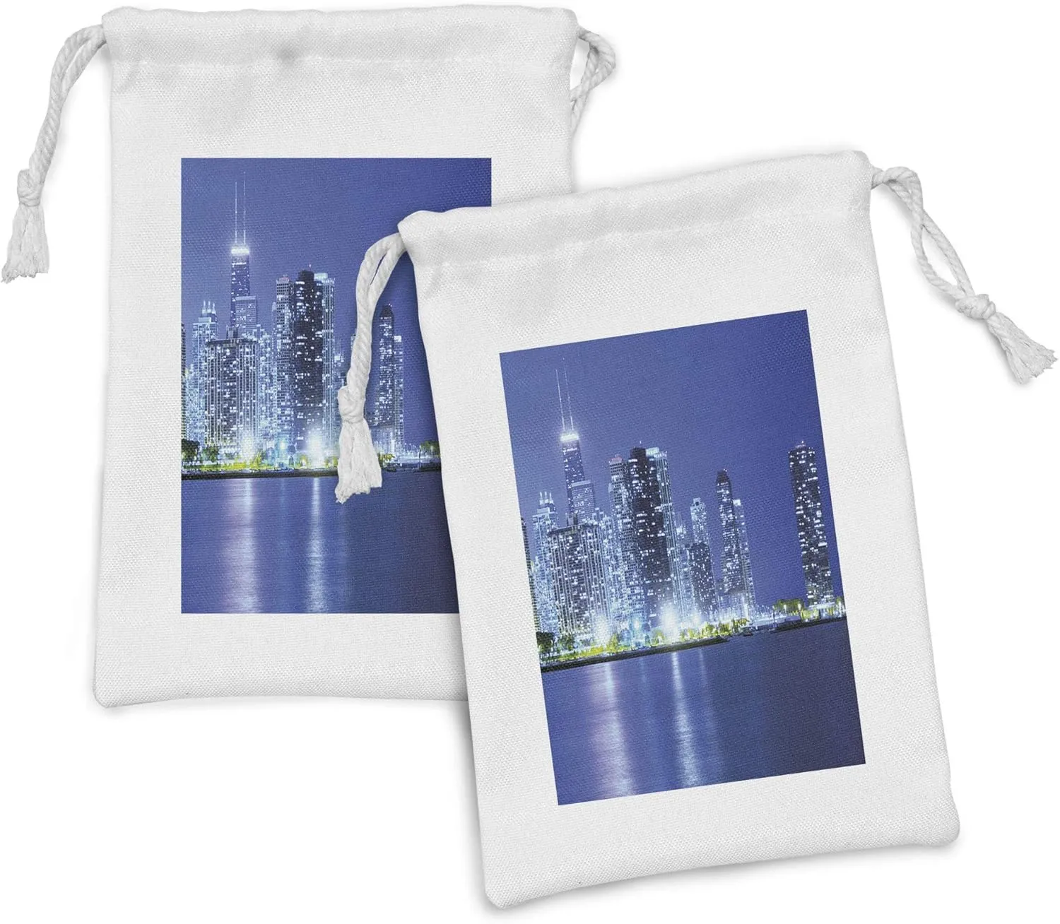 Lunarable Urban Fabric Pouch Set of 2, Chicago City Night Financial District Skyscrapers Buildings Downtown Panorama, Small Drawstring Bag for Toiletries Masks and Favors, 9" x 6", Violet Blue Grey