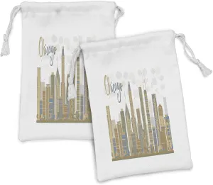 Lunarable USA Fabric Pouch Set of 2, Abstract Chicago City Financial District Famous Monument Tower Scraper View Print, Small Drawstring Bag for Toiletries Masks and Favors, 9" x 6", Slate Blue Tan
