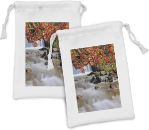 Lunarable Waterfall Fabric Pouch Set of 2, Waterfall with Enormous Rocks and Orange Yellow Autumn Trees Fall Leaf Work of Art, Small Drawstring Bag for Toiletries Masks and Favors, 9" x 6", Orange