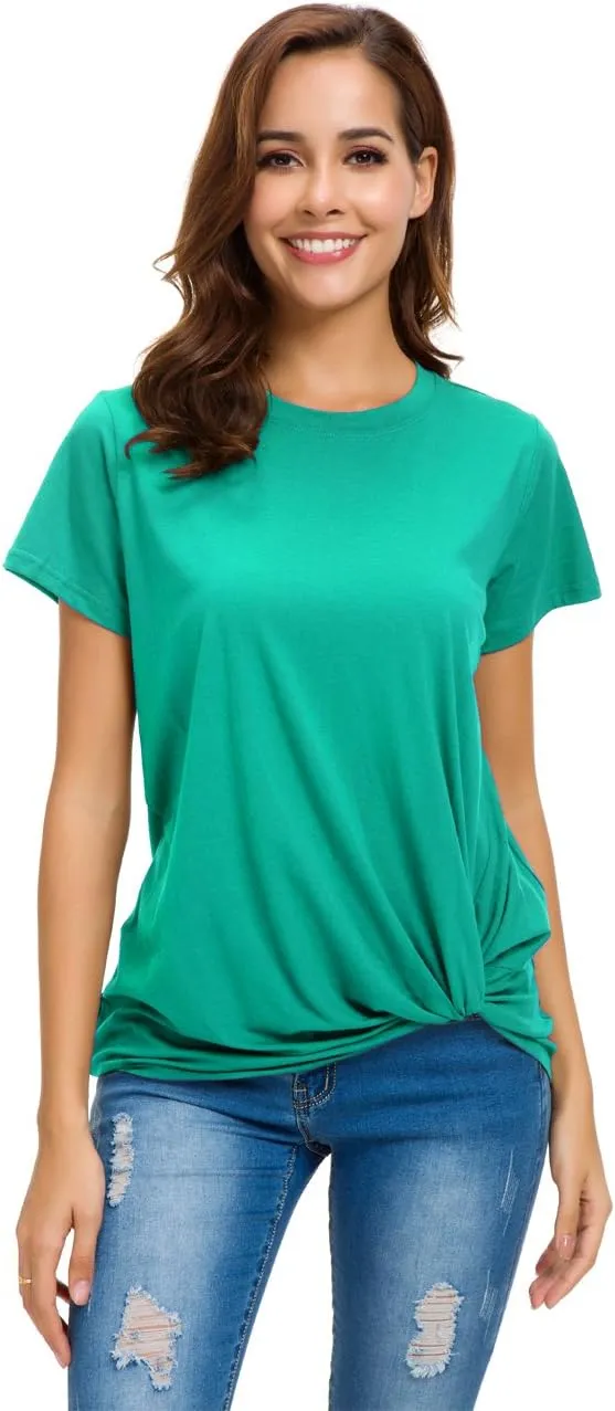 LUSMAY Womens Short Sleeve Loose Twist Knot Front T Shirts Cotton Casual Blouse