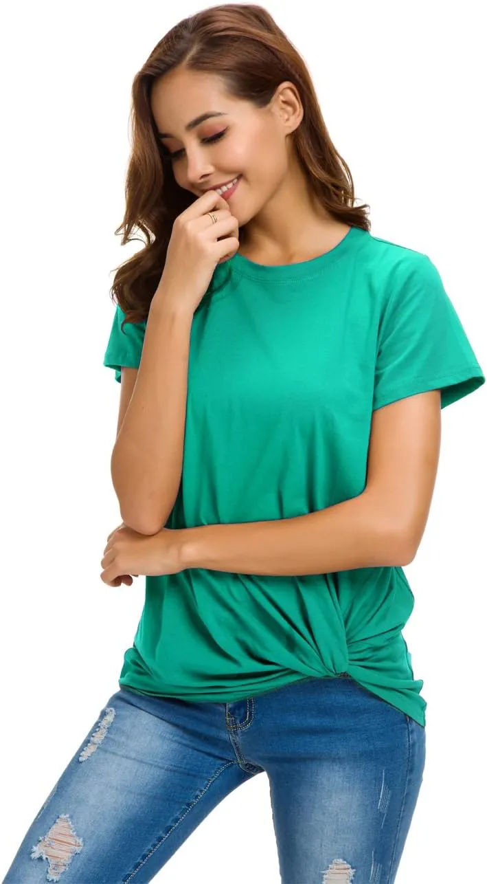 LUSMAY Womens Short Sleeve Loose Twist Knot Front T Shirts Cotton Casual Blouse