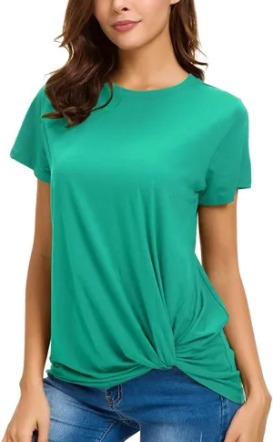 LUSMAY Womens Short Sleeve Loose Twist Knot Front T Shirts Cotton Casual Blouse