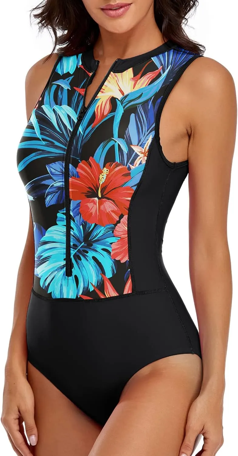 LVZIJUN Women One Piece Rash Guard High Neck Sleeveless Zipper UPF 50 Surfing Swimsuit