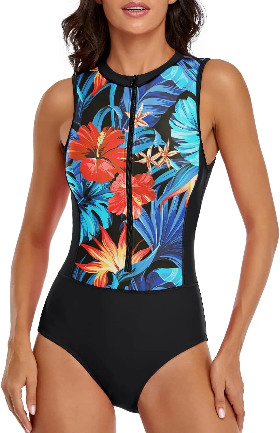 LVZIJUN Women One Piece Rash Guard High Neck Sleeveless Zipper UPF 50 Surfing Swimsuit