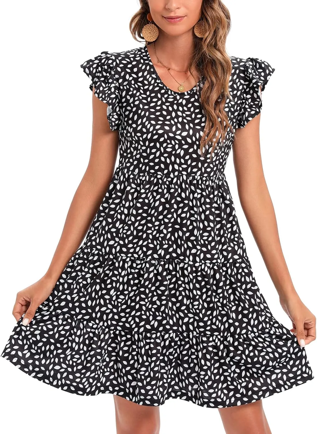 Lyrur Sundresses for Women Wedding Guest Cute Ruffle Sleeve Mini Tiered Babydoll Casual Beach Black Summer Dresses