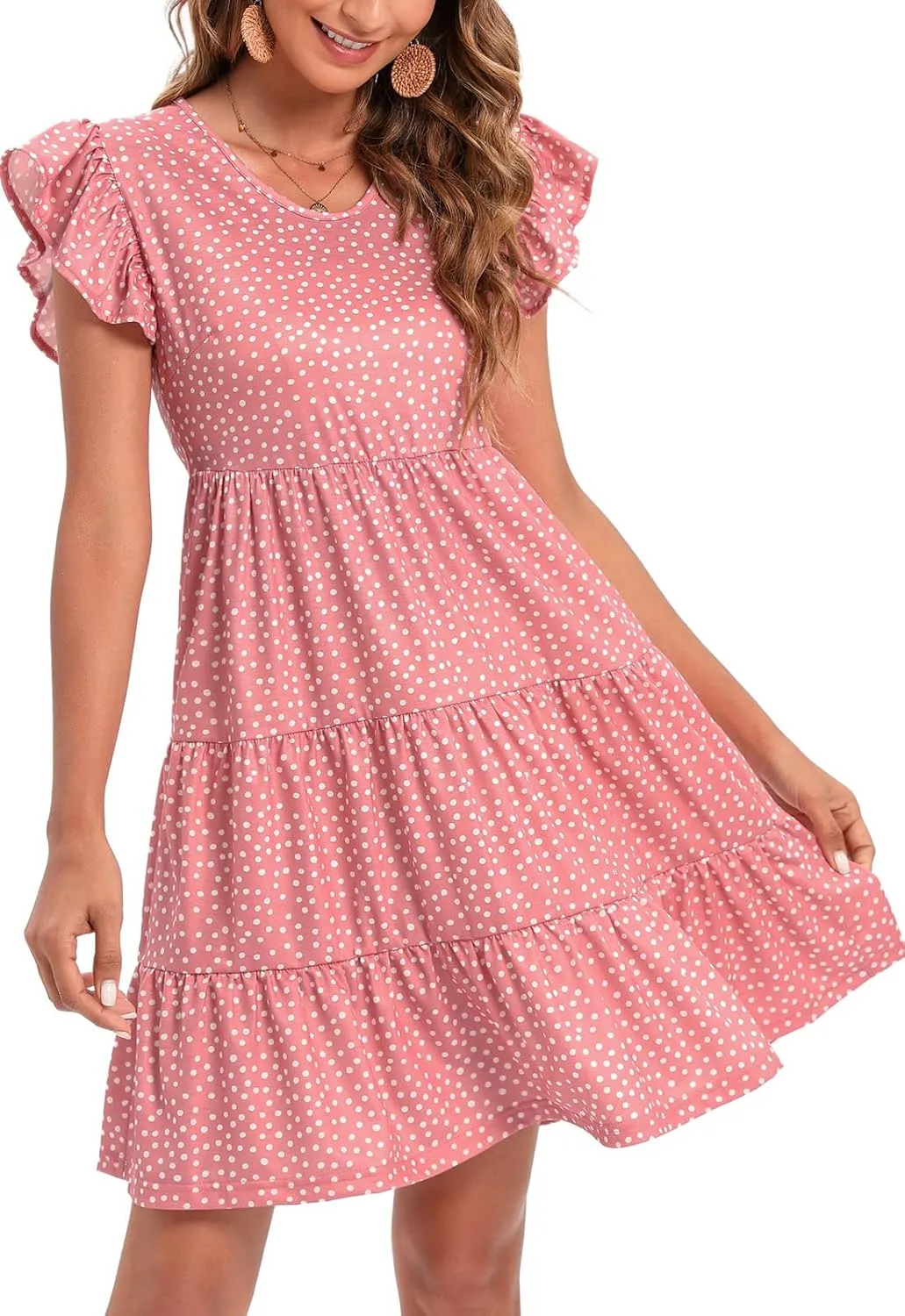 Lyrur Sundresses for Women Wedding Guest Cute Ruffle Sleeve Mini Tiered Babydoll Casual Beach Black Summer Dresses