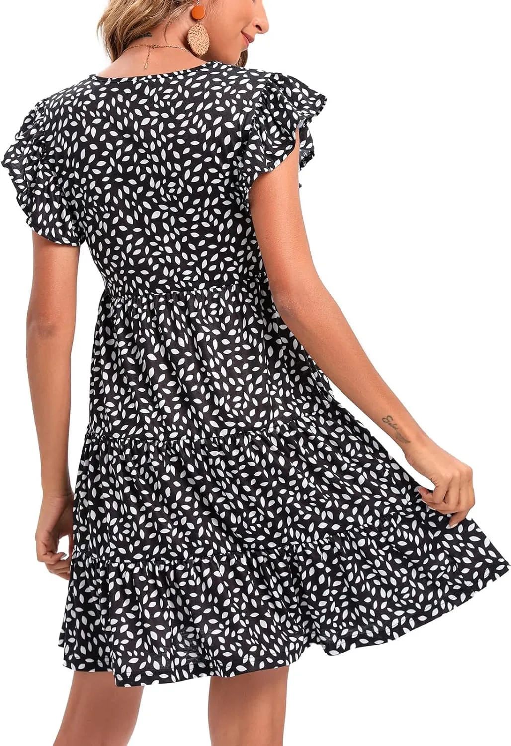 Lyrur Sundresses for Women Wedding Guest Cute Ruffle Sleeve Mini Tiered Babydoll Casual Beach Black Summer Dresses