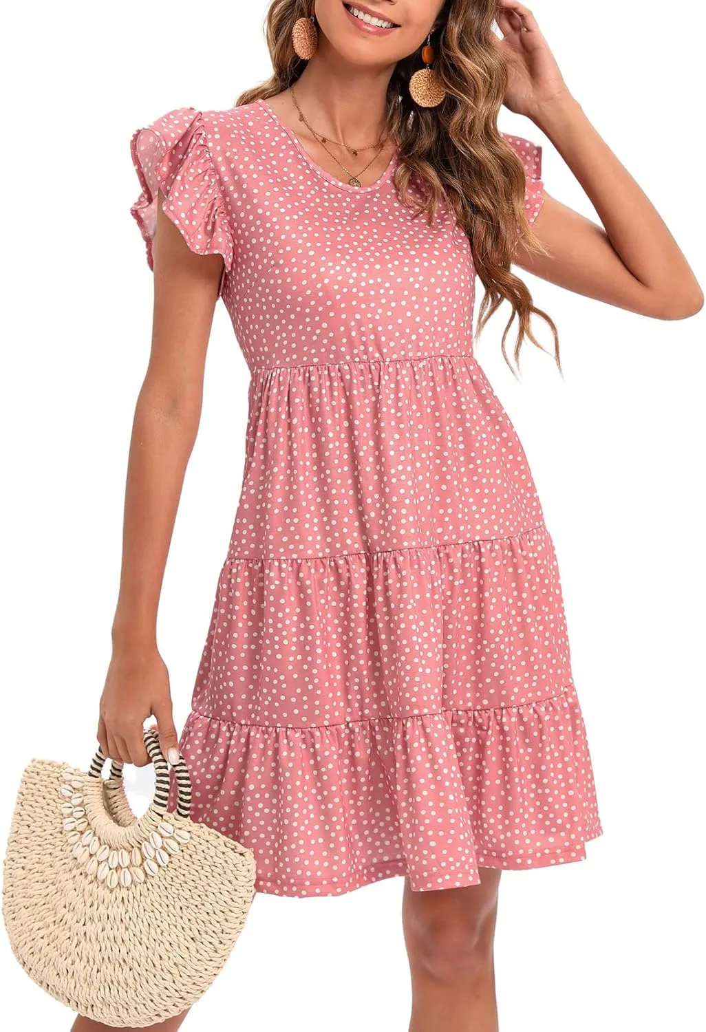 Lyrur Sundresses for Women Wedding Guest Cute Ruffle Sleeve Mini Tiered Babydoll Casual Beach Black Summer Dresses