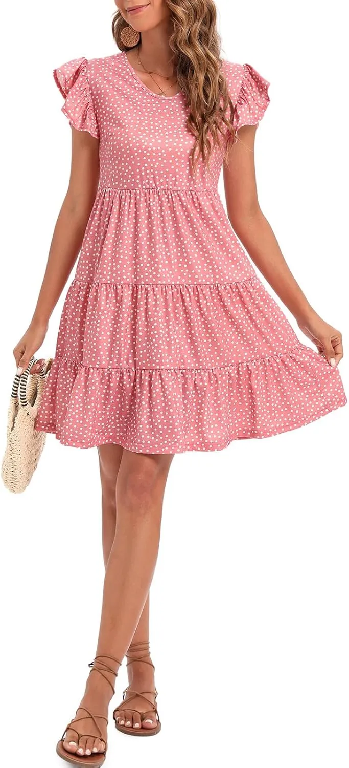 Lyrur Sundresses for Women Wedding Guest Cute Ruffle Sleeve Mini Tiered Babydoll Casual Beach Black Summer Dresses