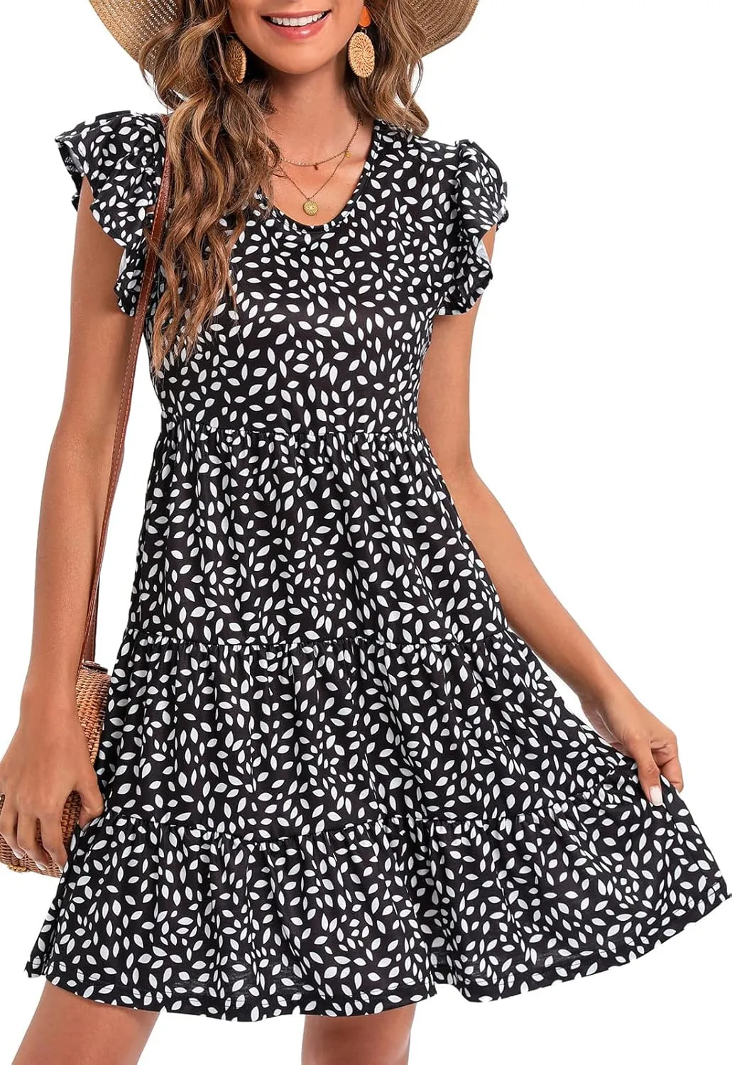 Lyrur Sundresses for Women Wedding Guest Cute Ruffle Sleeve Mini Tiered Babydoll Casual Beach Black Summer Dresses