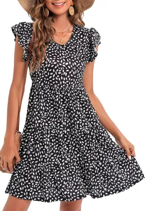 Lyrur Sundresses for Women Wedding Guest Cute Ruffle Sleeve Mini Tiered Babydoll Casual Beach Black Summer Dresses