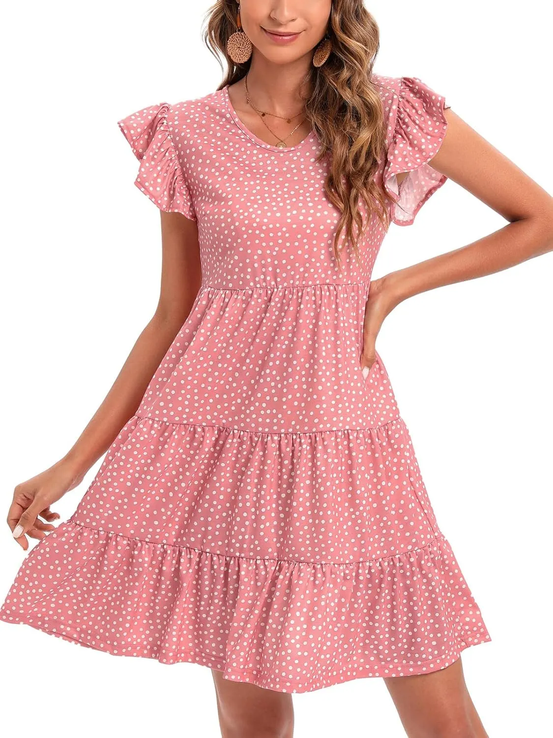 Lyrur Sundresses for Women Wedding Guest Cute Ruffle Sleeve Mini Tiered Babydoll Casual Beach Black Summer Dresses