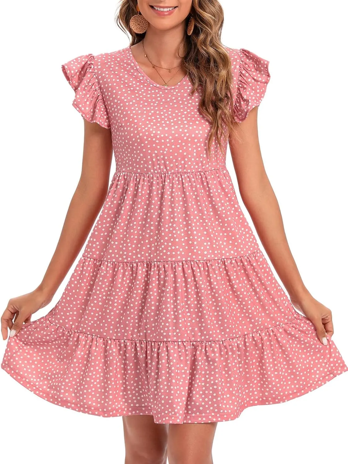 Lyrur Sundresses for Women Wedding Guest Cute Ruffle Sleeve Mini Tiered Babydoll Casual Beach Black Summer Dresses