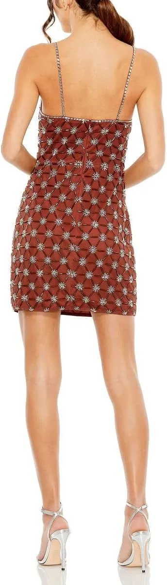 Mac Duggal Womens Beaded Mesh Mini Dress