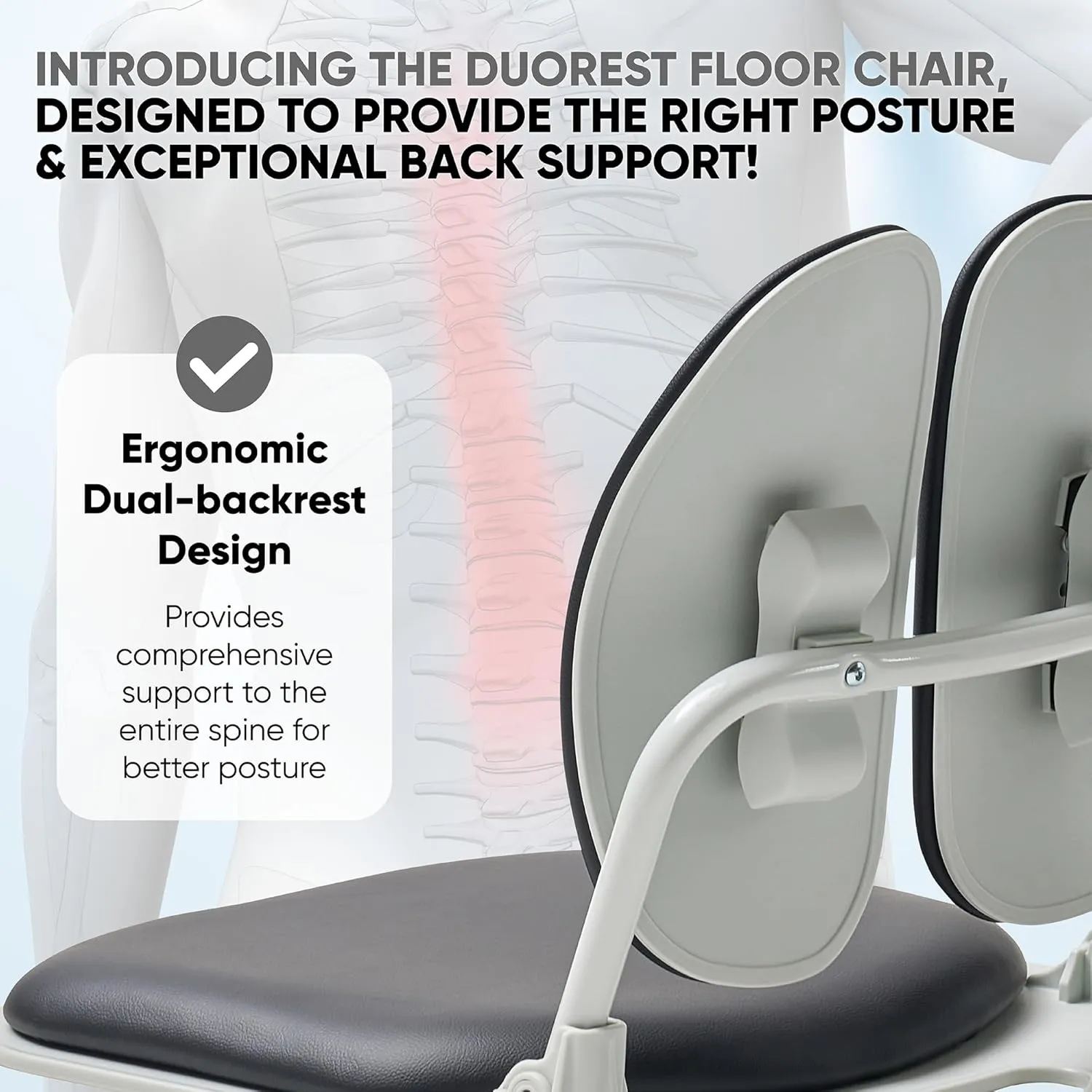 Made in Korea Dual-Backrests Ergonomic Floor Chair With Back Support - Meditation, Gaming, Reading Chair for Adults, Foldable (Black Leather)