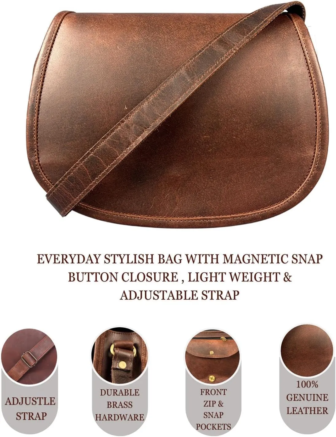 Madosh, Saddle Bag For Women Genuine Leather Crossbody Bag Girls Sling Purse Ladies Cross-Over Small Handbag